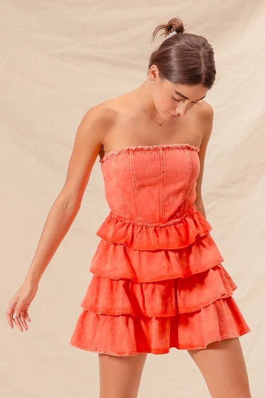 SO ME Strapless Ruffle Layered Game Day Cheer Up Dress - Asiela LUXE